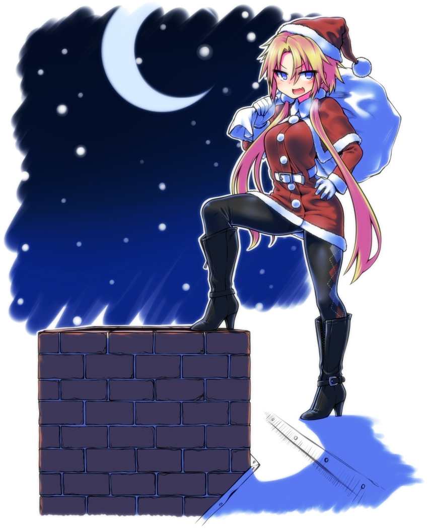 1girl absurdres argyle argyle_legwear black_legwear blonde_hair blue_eyes boots breasts capelet chankodining_waka chimney christmas crescent_moon gloves hand_on_hip hat high_heel_boots high_heels highres long_hair low_twintails moon open_mouth original pantyhose sack santa_costume santa_hat smile solo twintails white_gloves