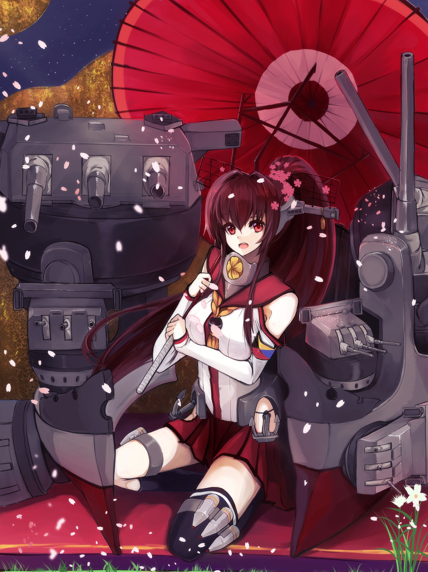 1girl :d anchor brown_hair detached_sleeves flower head_tilt highres holding kantai_collection long_hair looking_at_viewer machinery open_mouth oriental_umbrella petals pleated_skirt ponytail red_eyes sitting skirt smile solo turret umbrella yamato_(kantai_collection) yuki_(nanao_yuki)