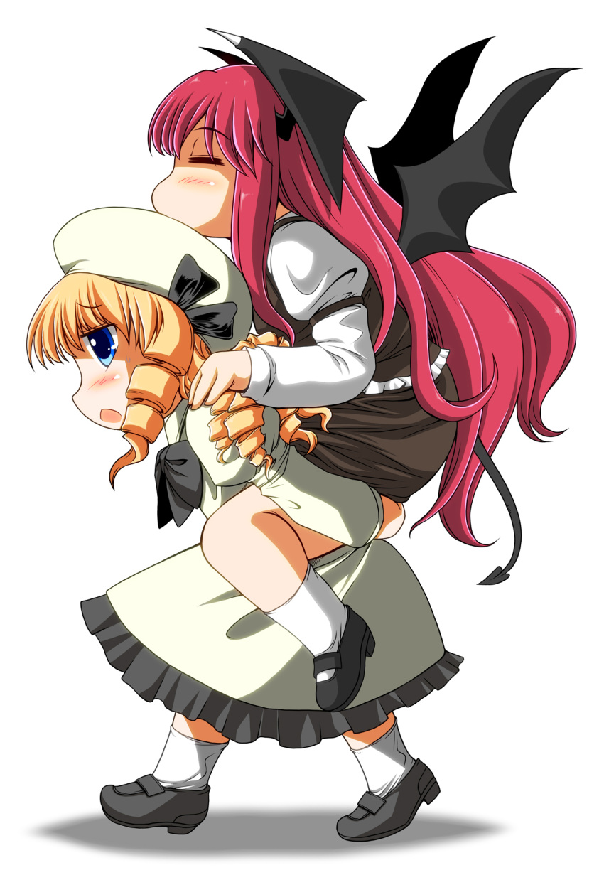 2girls =_= armband bat_wings blonde_hair blue_eyes blush bow chibi closed_eyes commentary_request demon_tail dress dress_shirt drill_hair e-kingdom frills hat hat_bow head_wings highres juliet_sleeves koakuma loafers long_hair long_sleeves luna_child multiple_girls no_mouth payot piggyback puffy_sleeves quad_drills redhead shirt shoes simple_background skirt skirt_set socks tail touhou very_long_hair vest walking white_background white_dress white_shirt wings