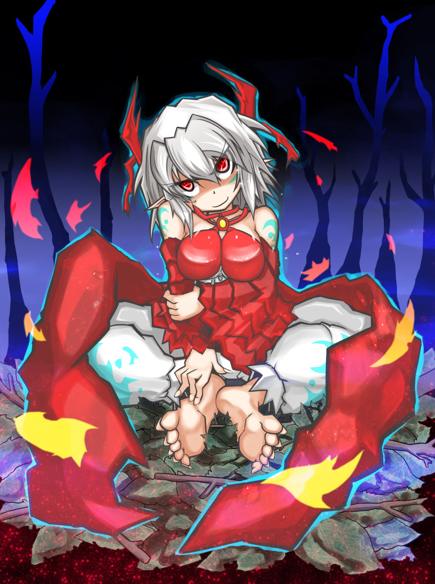 1girl absurdres bare_tree barefoot breasts duel_monster highres horns insect_girl looking_at_viewer monster_girl silver_hair sitting smile solo spirit-edge tattoo traptrix_myrmeleo tree yuu-gi-ou