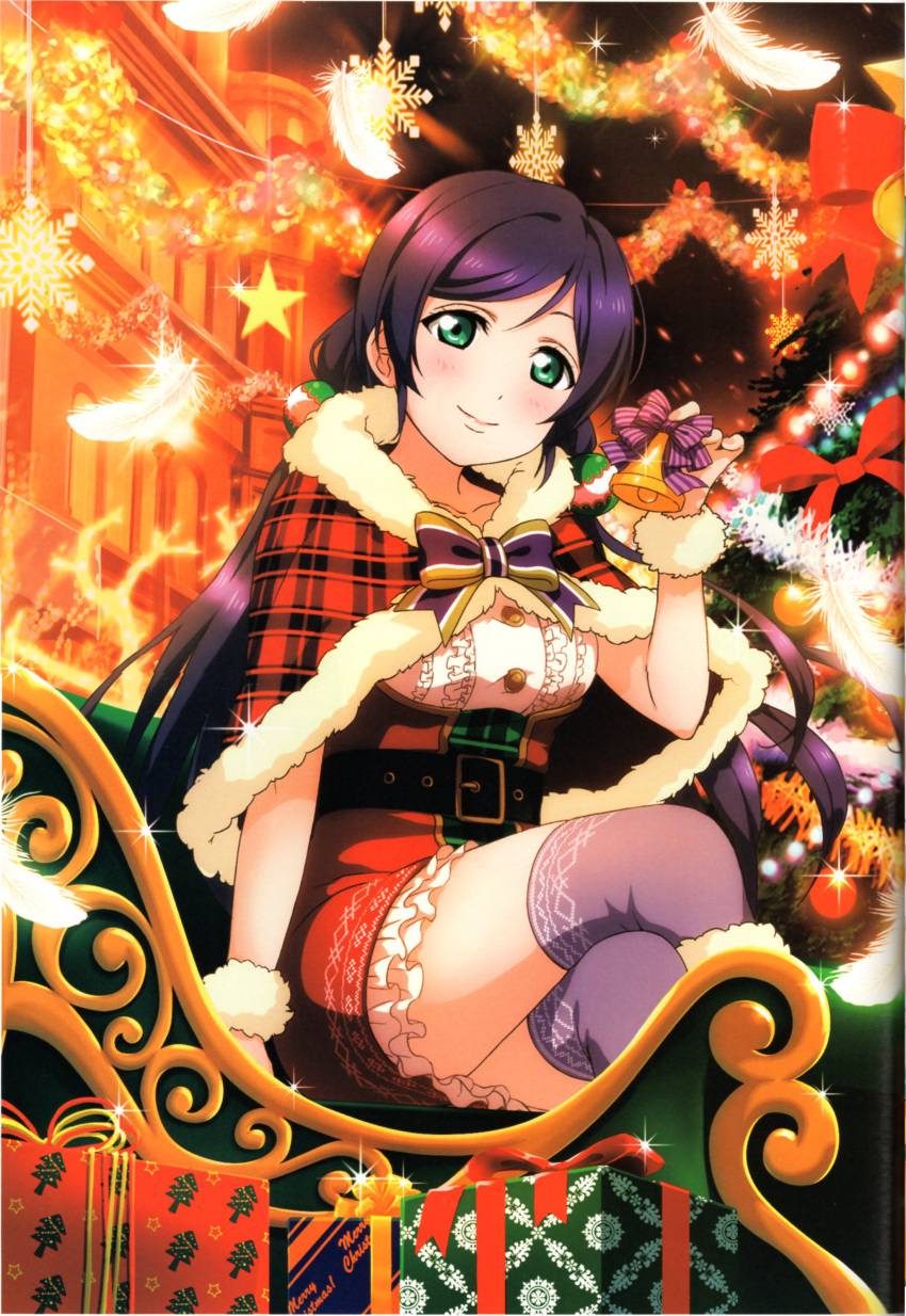bell blush christmas feather green_eyes long_hair love_live!_school_idol_project night official_art smile toujou_nozomi violet_hair