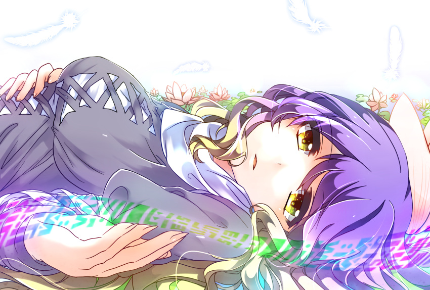 1girl black_dress blonde_hair close-up colored_eyelashes dress esdy eyes_visible_through_hair flower from_side gradient_hair highres hijiri_byakuren long_hair looking_at_viewer lotus lying multicolored_hair on_back parted_lips pov pov_eye_contact purple_hair shirt solo sorcerer's_sutra_scroll touhou two-tone_hair wavy_hair white_shirt yellow_eyes