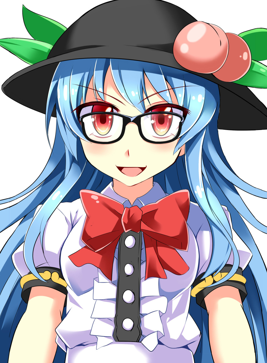 &gt;:d 1girl :d absurdres black-framed_glasses blue_hair bowtie breasts bust dress e.o. food food_on_head fruit fruit_on_head glasses hat highres hinanawi_tenshi long_hair looking_at_viewer object_on_head open_mouth peach red_eyes smile smug solo touhou very_long_hair