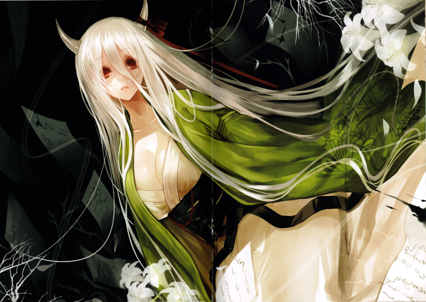 1girl absurdres alternate_costume apt breasts cleavage crease dress ex-keine flower highres horn_ribbon horns huge_filesize japanese_clothes kamishirasawa_keine long_hair long_sleeves looking_at_viewer obi paper parted_lips red_eyes ribbon sash scan silver_hair sitting solo touhou wide_sleeves