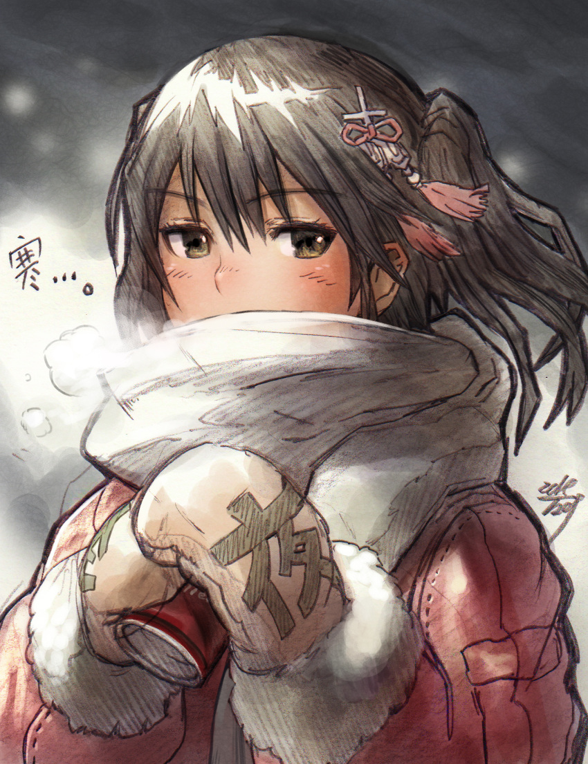 1girl black_hair blush breath bust can gibagiba hair_ornament highres kantai_collection mittens scarf sendai_(kantai_collection) short_hair signature solo two_side_up winter_clothes