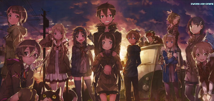 3boys 6+girls abec alice_schuberg asada_shino asuna asuna_(sao) cat clouds coat eugeo hairband highres kirigaya_suguha kirito klein lisbeth motor_vehicle multiple_boys multiple_girls power_lines sachi_(sao) silica squatting star_(sky) sunset sword_art_online telephone_pole thigh-highs truck vehicle yui_(sao) yuuki_(sao)