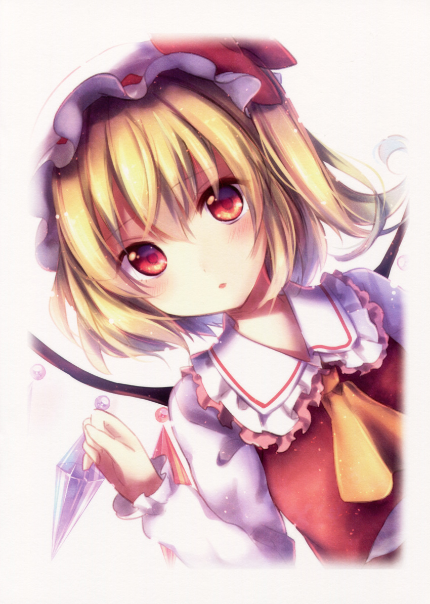 1girl absurdres ascot blonde_hair blush crystal flandre_scarlet hat hat_ribbon highres long_sleeves looking_at_viewer mob_cap open_mouth ponytail portrait red_eyes ribbon riichu scan shirt short_hair side_ponytail simple_background solo touhou white_background wings