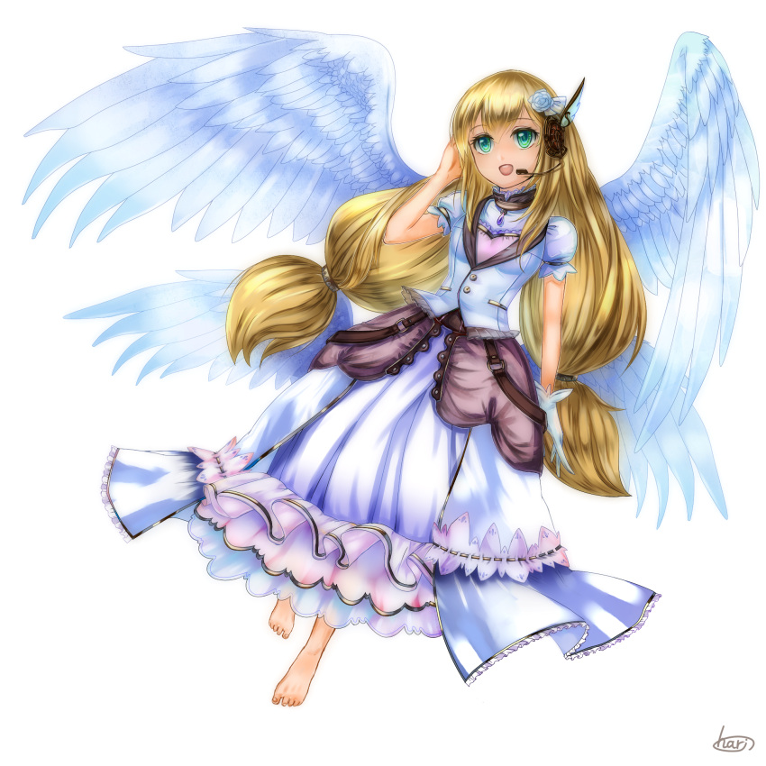 1girl :d angel angel_wings barefoot blonde_hair dress green_eyes hair_ornament hari. headset highres long_hair low_twintails open_mouth original simple_background smile solo twintails white_background white_dress wings