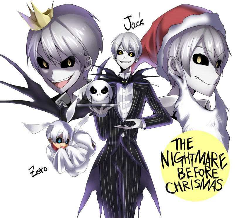 absurdres blue_eyes character_name copyright_name crown fake_beard grin hat highres jack_skellington looking_at_viewer maian open_mouth personification santa_hat short_hair silver_hair simple_background smile the_nightmare_before_christmas white_background white_hair yellow_eyes zero_(nbc)