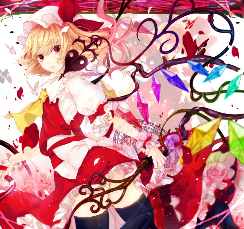 1girl ascot black_legwear blonde_hair flandre_scarlet hat hat_ribbon highres laevatein looking_at_viewer magic_circle mob_cap petals puffy_short_sleeves puffy_sleeves red_eyes renkarua ribbon sash shirt short_sleeves skirt skirt_set solo thigh-highs touhou vest wings wrist_cuffs zettai_ryouiki