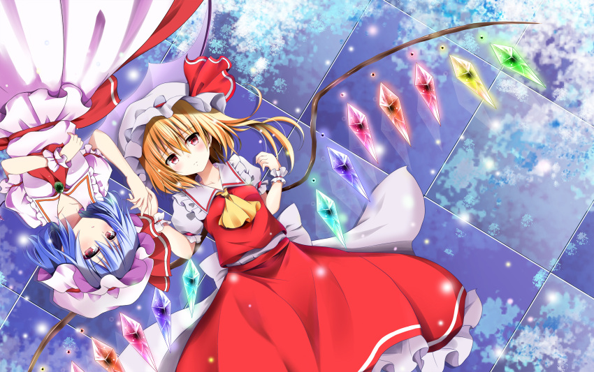 2girls ascot bat_wings blonde_hair blue_hair brooch clouds dress flandre_scarlet glowing glowing_wings hat hat_ribbon highres holding_hands hyurasan jewelry lying mob_cap multiple_girls on_back pink_dress puffy_short_sleeves puffy_sleeves red_dress red_eyes reflection reflective_floor remilia_scarlet ribbon sash shirt short_sleeves siblings side_ponytail sisters sky snowing tile_floor tiles touhou upside-down wings wrist_cuffs