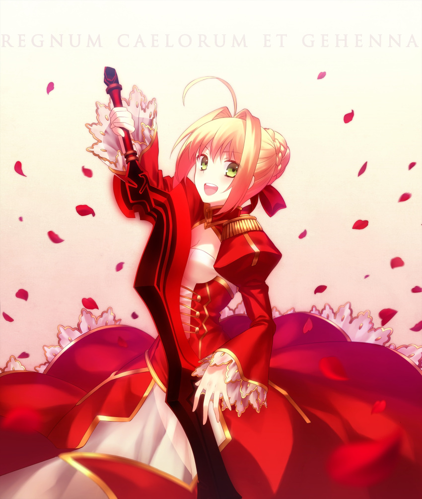 1girl absurdres aestus_estus ahoge blonde_hair breasts dress epaulettes fate/extra fate_(series) fuyuki_(neigedhiver) green_eyes highres red_dress saber_extra solo sword weapon