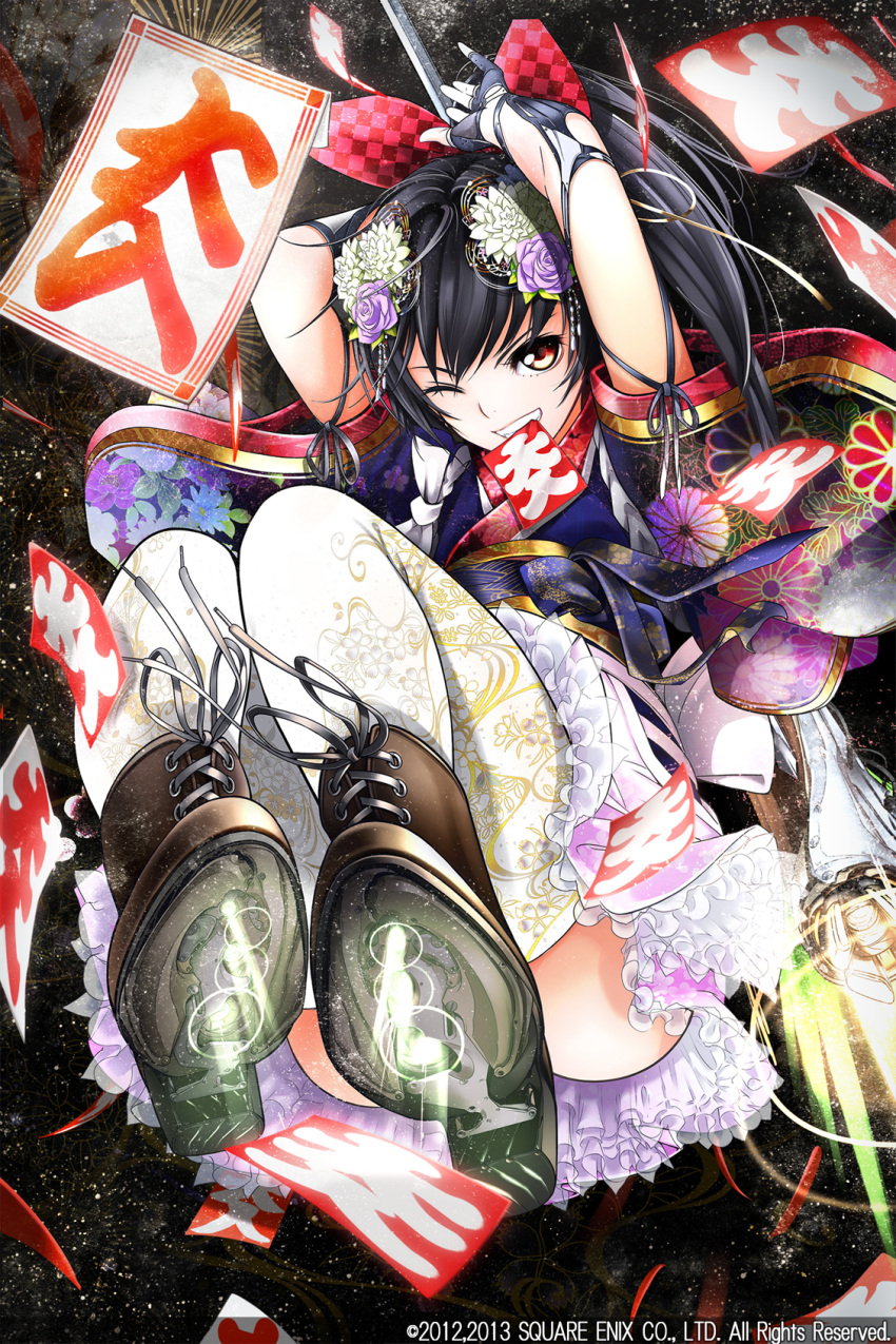 1girl arms_up black_hair boots bow character_request company_name cross-laced_footwear elbow_gloves fingerless_gloves fireworks flower giba_(out-low) gloves hair_bow hair_flower hair_ornament highres japanese_clothes kimono long_hair looking_at_viewer mouth_hold official_art one_eye_closed orange_eyes ponytail rocket_boots science_fiction sky square_enix star_(sky) star_galaxy starry_sky thigh-highs