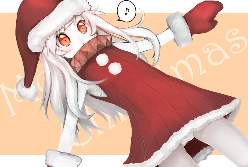 . 1girl alternate_costume christmas dress dutch_angle hachachi kantai_collection long_hair looking_at_viewer merry_christmas mittens musical_note northern_ocean_hime panties pantyshot red_dress red_eyes ribbed_dress santa_costume shinkaisei-kan solo spoken_musical_note underwear white_hair white_skin