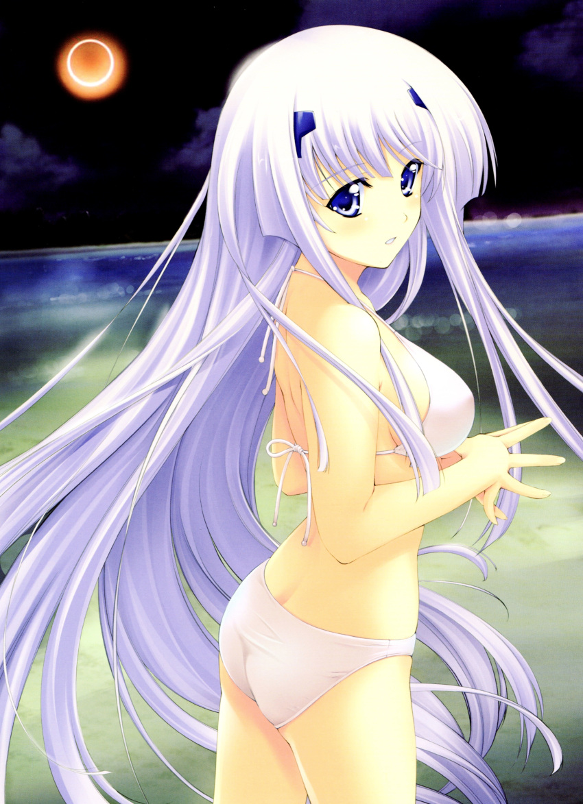 1girl absurdres ass bikini blush cowboy_shot eclipse hair_ornament hands_together highres inia_sestina lavender_eyes lavender_hair long_hair looking_at_viewer looking_back miyata_sou muvluv parted_lips payot scan solo steepled_fingers swimsuit very_long_hair white_bikini white_swimsuit