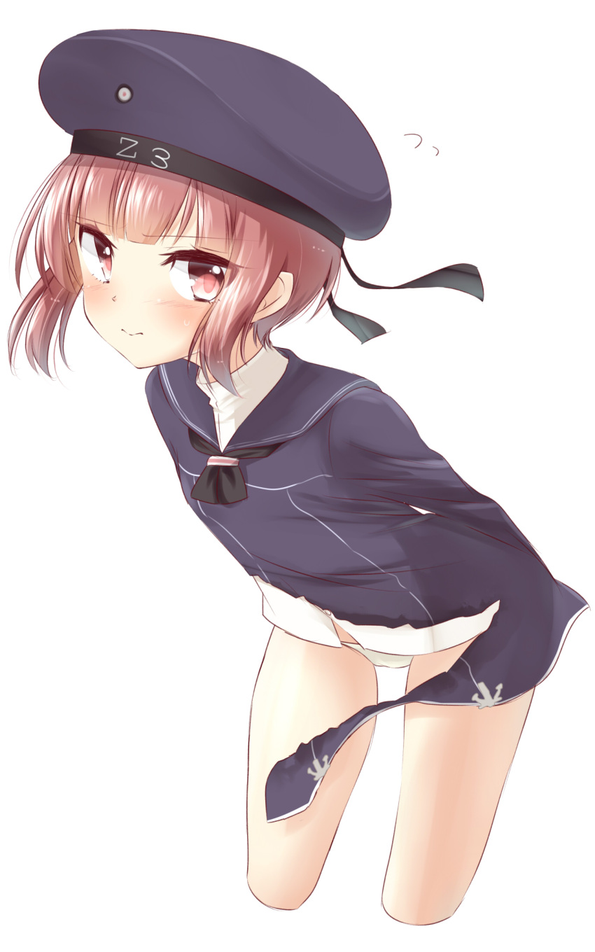 1girl arms_behind_back auburn_hair blush clothes_writing cropped_legs embarrassed flying_sweatdrops hat highres hiraga_pikurosu kantai_collection long_sleeves military military_uniform neckerchief panties payot red_eyes redhead sailor_collar sailor_hat short_hair simple_background solo sweatdrop torn_clothes underwear uniform white_background white_panties z3_max_schultz_(kantai_collection)