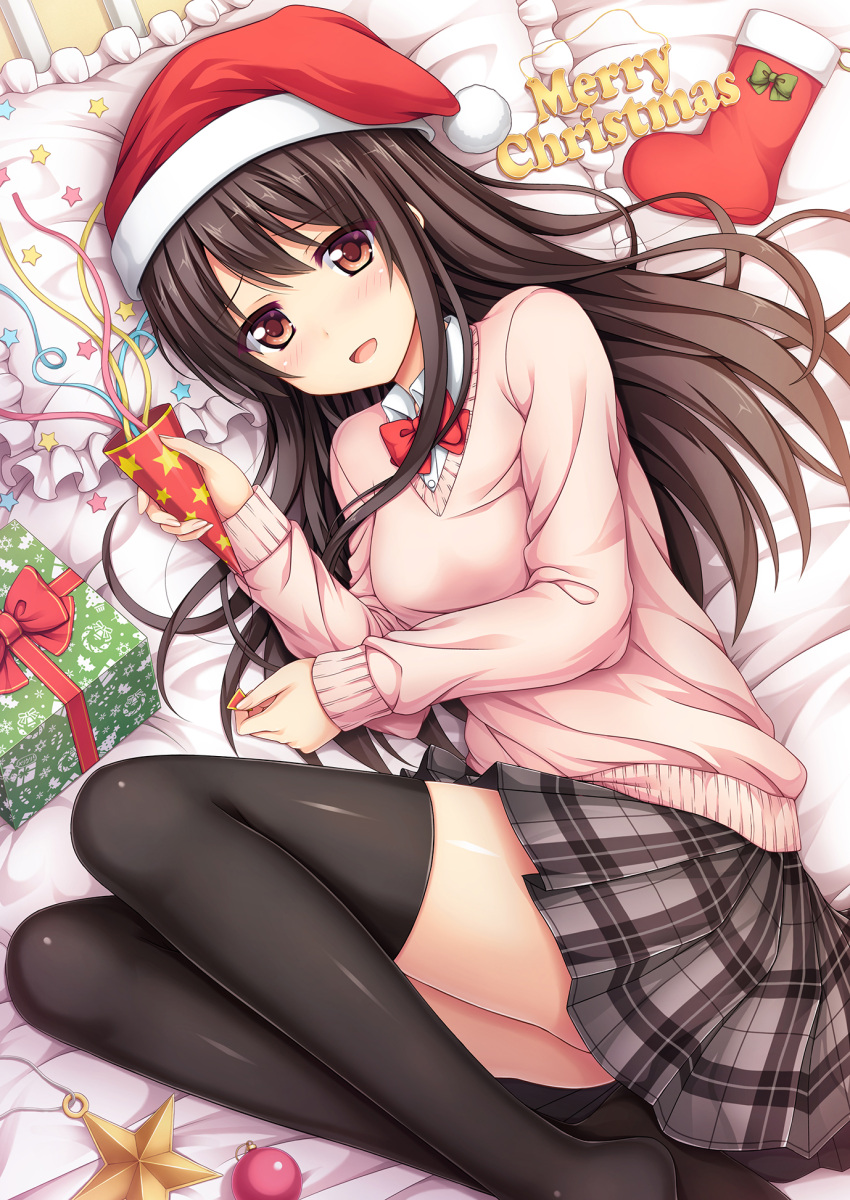 1girl black_legwear blush bow brown_eyes brown_hair christmas christmas_ornaments confetti gift hat highres long_hair lying merry_christmas nakamura_sumikage no_shoes on_bed on_side original santa_hat skirt solo stocking_stuffer sweater thigh-highs