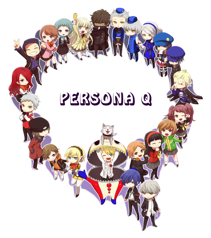 6+boys 6+girls :d aegis aegis_(persona) amada_ken amagi_yukiko aragaki_shinjirou arisato_minato black_hair black_legwear blonde_hair blue_eyes blue_hair boots brown_eyes brown_hair cape chibi chim collar corndog dark_skin dog dress elizabeth_(persona) everyone hairband hat highres iori_junpei kirijou_mitsuru koromaru kujikawa_rise kuma_(persona_4) long_hair margaret marie_(persona_4) multiple_boys multiple_girls narukami_yuu one_eye_closed open_mouth persona persona_3 persona_4 persona_q redhead rei_(persona_q) sanada_akihiko satonaka_chie school_uniform serafuku shirogane_naoto short_hair silver_hair skirt smile spiked_collar spikes takeba_yukari tatsumi_kanji teodor twintails white_legwear yamagishi_fuuka yellow_eyes yuuki_makoto zen_(persona_q)