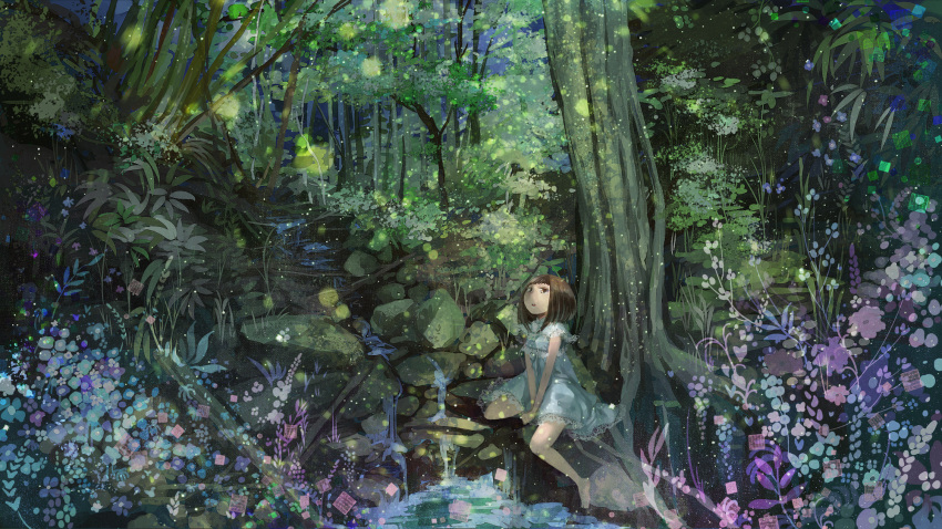 1girl bow brown_eyes brown_hair dress flower forest highres nature original rock scenery tagme tree water waterfall yukinokoe