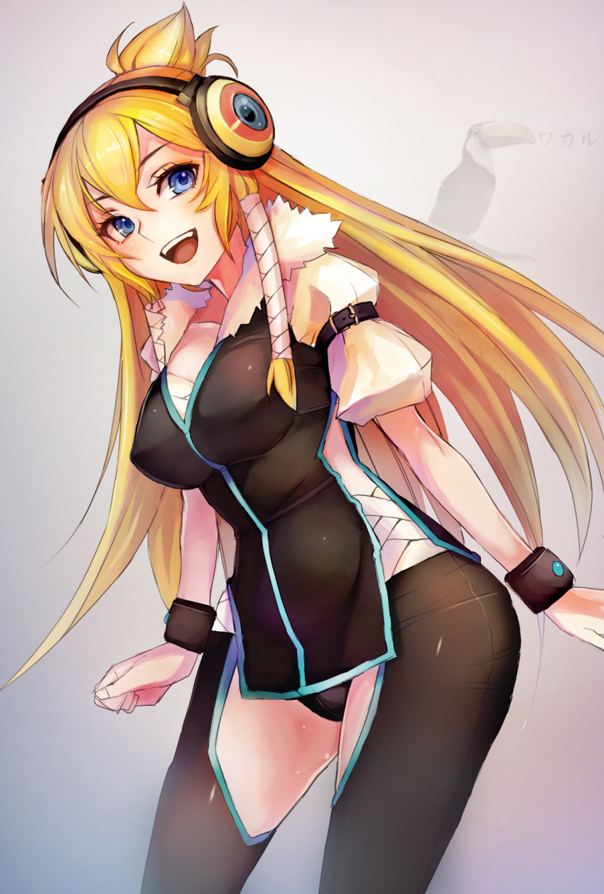 1girl blonde_hair blue_eyes borrowed_character breasts contrapposto cowboy_shot fur_trim headphones highres long_hair looking_at_viewer open_mouth short_sleeves solo taishi_(picchiridou) very_long_hair