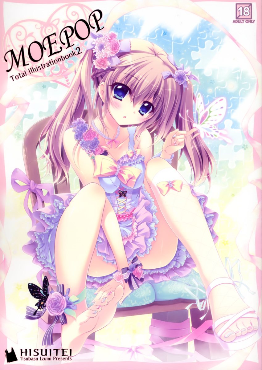 1girl absurdres blue_eyes breasts brown_hair butterfly chair dress highres izumi_tsubasu sandals tagme twintails