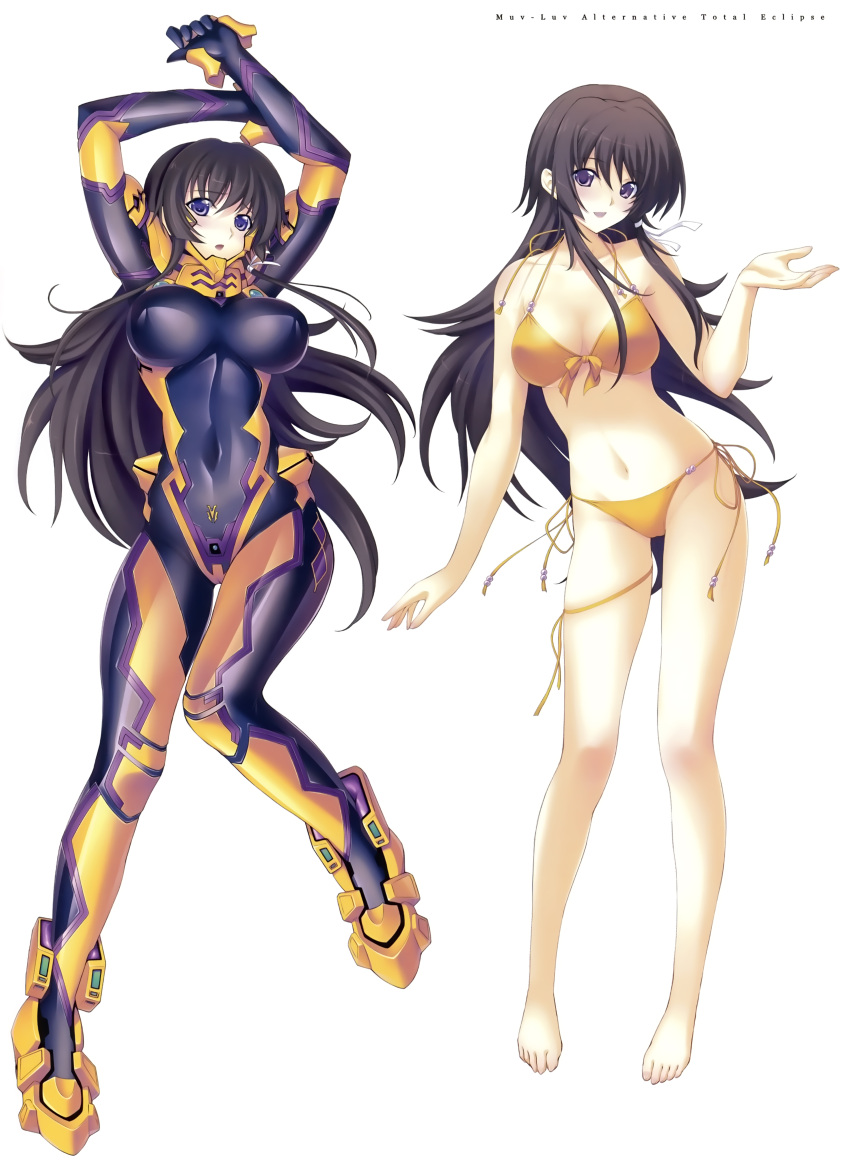 1girl absurdres arms_up bare_legs barefoot bikini bodysuit breasts brown_hair cleavage covered_navel front-tie_top full_body hair_ribbon highres large_breasts long_hair miyata_sou muvluv muvluv_alternative muvluv_total_eclipse navel open_mouth ribbon scan side-tie_bikini simple_background smile solo swimsuit takamura_yui violet_eyes white_background yellow_bikini