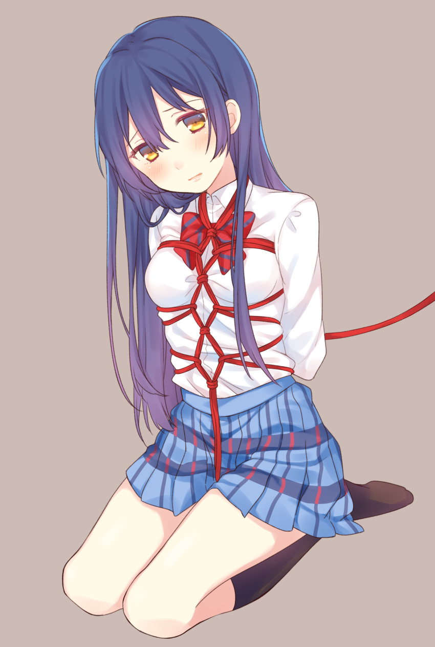 1girl absurdres bdsm blue_eyes blue_hair blush bondage brown_eyes highres kneehighs kneeling long_hair looking_at_viewer love_live!_school_idol_project nerunnn shibari skirt sonoda_umi tied_up