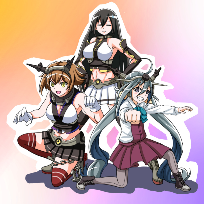 &gt;:d 3girls :d ahoge black_hair brown_hair closed_eyes elbow_gloves gloves grey_eyes grin headgear kantai_collection kiyoshimo_(kantai_collection) kneeling long_hair looking_at_viewer low_twintails multiple_girls mutsu_(kantai_collection) nagato_(kantai_collection) open_mouth pleated_skirt pose school_uniform short_hair silver_hair skirt smile tk8d32 twintails yellow_eyes