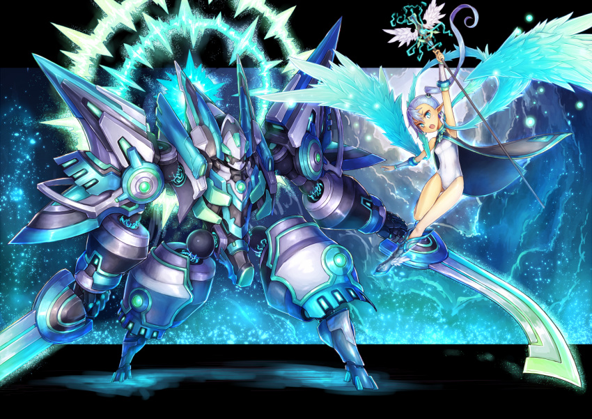 1girl :o angel arm_up armor armpits asymmetrical_bangs bangs bare_shoulders black_cape blue blue_eyes blue_feathers blue_footwear blue_hair boots bracer breasts cape clouds commentary_request covered_navel dual_wielding earrings electricity feathers fighting_stance floating_hair flying full_body glowing glowing_sword glowing_weapon hair_between_eyes halo holding holding_staff holding_sword holding_weapon hoop_earrings jewelry knee_boots latin_cross leg_up leotard light_particles long_hair looking_at_viewer mecha open_mouth original outstretched_arm pointy_ears ros shawl shiny shiny_hair side_ponytail small_breasts staff sword tsurime v-shaped_eyebrows very_long_hair weapon white_leotard wind winged_boots wings