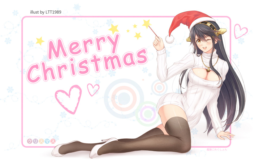 1girl :d arm_support bell black_hair black_legwear breasts brown_eyes christmas cleavage_cutout copyright_name full_body haruna_(kantai_collection) hat headgear heart high_heels highres jewelry kantai_collection long_hair long_sleeves looking_at_viewer ltt_challenger lying merry_christmas necklace on_side one_eye_closed open-chest_sweater open_mouth pendant ribbed_sweater santa_hat smile snowflakes solo star sweater thigh-highs turtleneck white_shoes