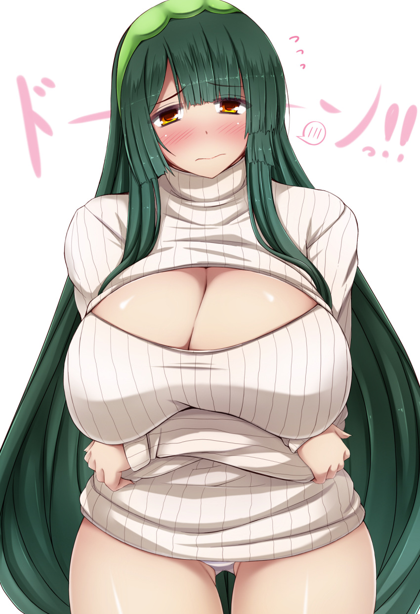 1girl blush cleavage_cutout green_hair highres long_hair looking_at_viewer open-chest_sweater ribbed_sweater solo sweater touhoku_zunko turtleneck yellow_eyes yuzumiya_mono