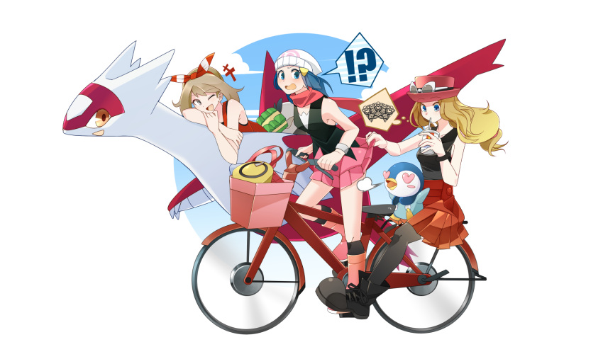 !? 3girls :d backpack bag beanie bicycle bird black_legwear blonde_hair blue_eyes blue_hair blush_stickers boots brown_hair dragon drinking drinking_straw hair_ornament hair_ribbon haruka_(pokemon) haruka_(pokemon)_(remake) hat heart heart-shaped_pupils heart_eyes highres hikari_(pokemon) latias laughing long_hair multiple_girls one_eye_closed open_mouth penguin piplup pleated_skirt pokemon pokemon_(creature) pokemon_(game) pokemon_dppt pokemon_oras pokemon_xy ribbon riding scarf serena_(pokemon) skirt skirt_lift sleeveless sleeveless_shirt smile staring sunglasses sunglasses_on_head symbol-shaped_pupils thigh-highs thought_bubble total9 two_side_up
