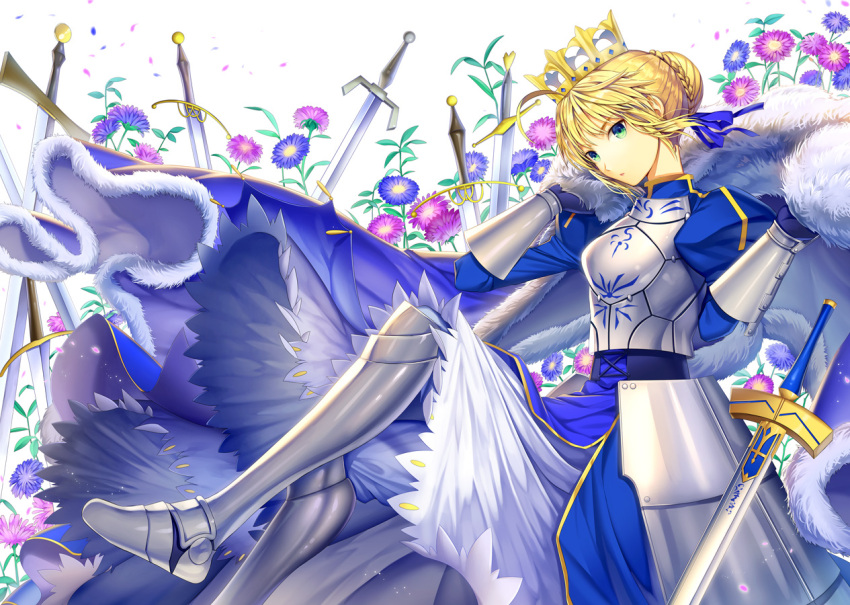 1girl ahoge armor armored_dress blonde_hair cape crown daisy dress ells excalibur fate/stay_night fate_(series) flower green_eyes saber solo sword weapon