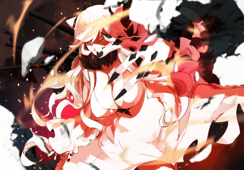 1girl blockhead_bh blurry breasts claws cleavage depth_of_field dress kantai_collection long_hair looking_at_viewer midway_hime red_eyes shinkaisei-kan solo white_dress white_hair white_skin