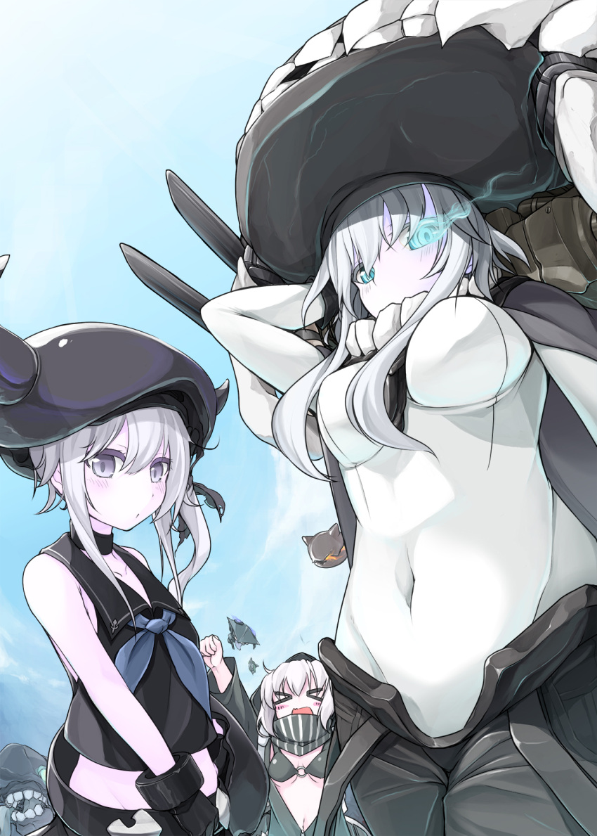 &gt;_&lt; 3girls bikini_top blue_eyes blush bodysuit breasts choker covered_navel destroyer_hime glowing glowing_eye hat highres hoodie kantai_collection long_hair looking_at_viewer multiple_girls o-ring_top open_mouth pale_skin re-class_battleship rindou_(faker's_manual) shinkaisei-kan violet_eyes white_hair wo-class_aircraft_carrier