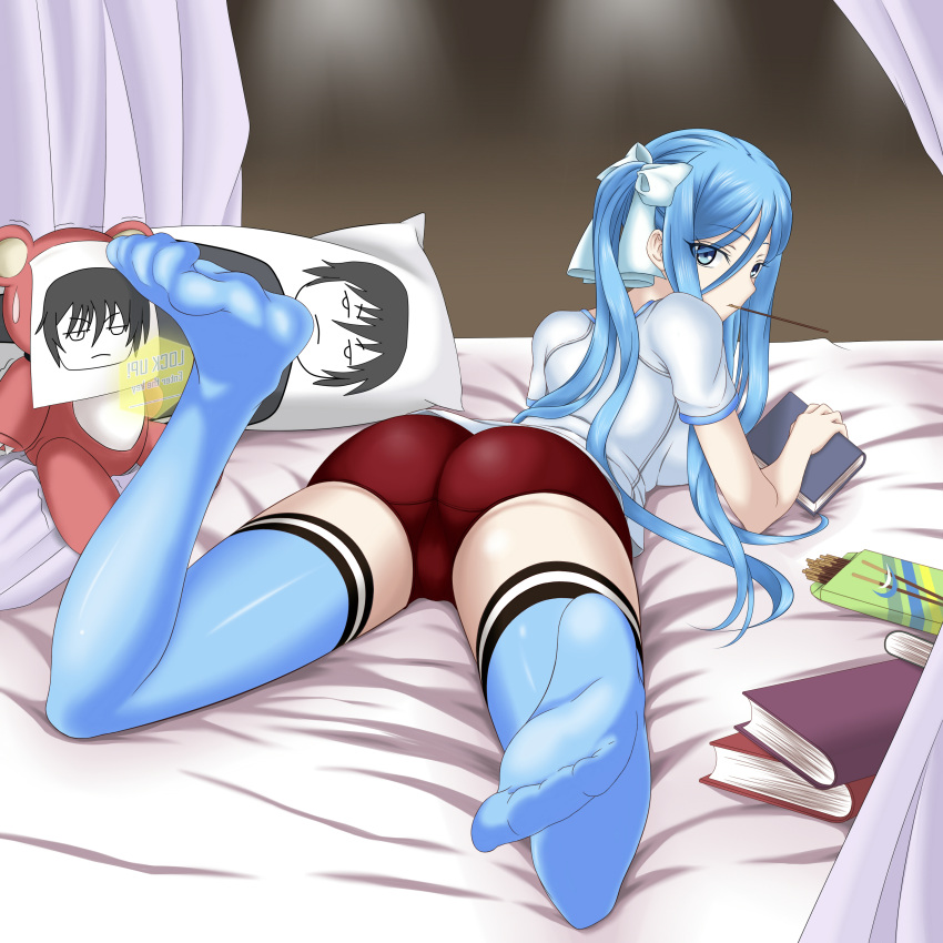 1girl absurdres aoki_hagane_no_arpeggio arpeggio_of_blue_steel ass bed blue_eyes blue_hair blue_legwear book bow chihaya_gunzou from_below hair_bow hair_ribbon highres holding holding_book jishou_roukyuu kirishima_(aoki_hagane_no_arpeggio) long_hair looking_at_viewer looking_back lying mouth_hold on_stomach pillow pocky ribbon solo takao_(aoki_hagane_no_arpeggio) thigh-highs twintails yotarou_(aoki_hagane_no_arpeggio) zettai_ryouiki