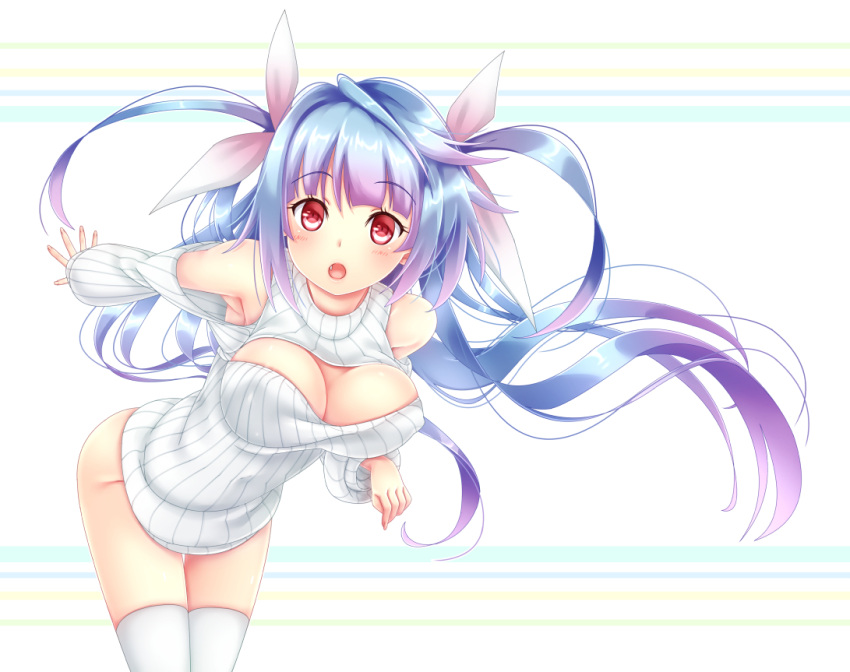 1girl :o bare_shoulders baretto blue_hair blush breasts cleavage cleavage_cutout detached_sleeves fang gradient_hair i-19_(kantai_collection) kantai_collection large_breasts leaning_forward long_hair looking_at_viewer multicolored_hair no_panties open-chest_sweater purple_hair red_eyes ribbed_sweater solo sweater thigh-highs turtleneck white_legwear