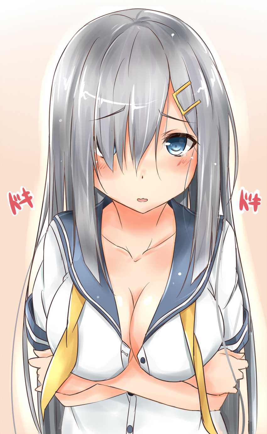 1girl absurdres alternate_hair_length alternate_hairstyle blue_eyes blush breast_hold breasts bust cleavage crossed_arms hair_ornament hair_over_one_eye hairclip hamakaze_(kantai_collection) highres kantai_collection large_breasts long_hair looking_at_viewer neckerchief open_collar open_mouth saku_(kudrove) school_uniform serafuku silver_hair solo wavy_mouth