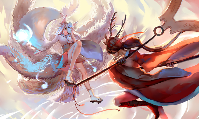 2girls absurdres ahri akali alternate_costume black_hair dual_wielding fighting_stance fox_mask highres japanese_clothes kama_(weapon) kimono league_of_legends long_hair long_sleeves looking_at_another mask multiple_girls ponytail sickle sishenfan sleeves_past_wrists smile traditional_clothes wide_sleeves