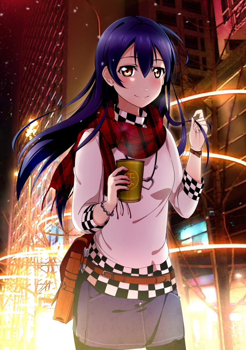 1girl absurdres blue_hair blush brown_eyes highres long_hair looking_at_viewer love_live!_school_idol_project scarf shiimai smile solo sonoda_umi
