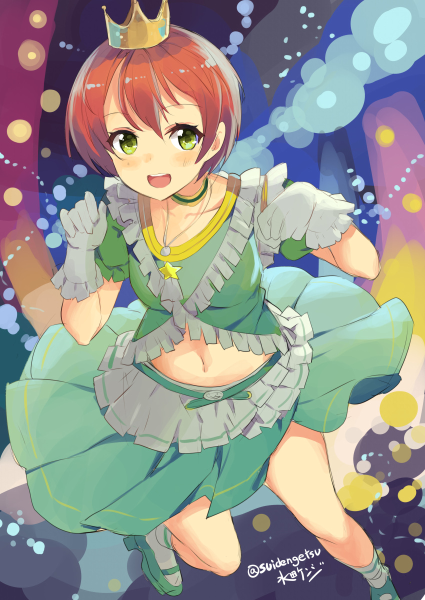 1girl absurdres artist_name blush choker collarbone crown gloves green_eyes highres hoshizora_rin jewelry looking_at_viewer love_live!_school_idol_project music_s.t.a.r.t!! navel necklace open_mouth orange_hair short_hair signature solo suidengetsu twitter_username white_gloves