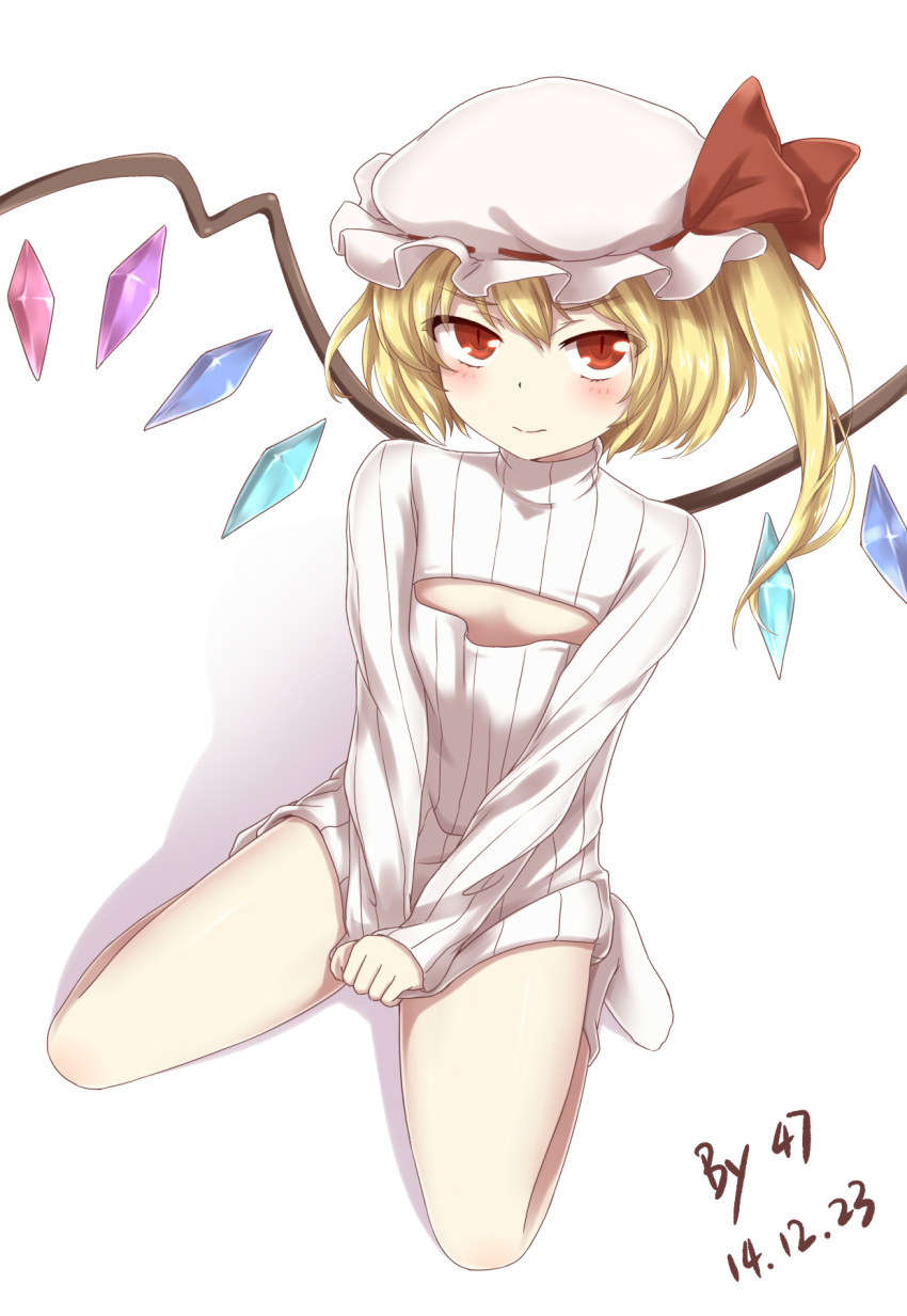 1girl 47_(479992103) artist_name blonde_hair cleavage_cutout dated flandre_scarlet flat_chest hat highres long_hair open-chest_sweater red_eyes ribbed_sweater side_ponytail simple_background sitting socks solo sweater touhou wariza white_background wings