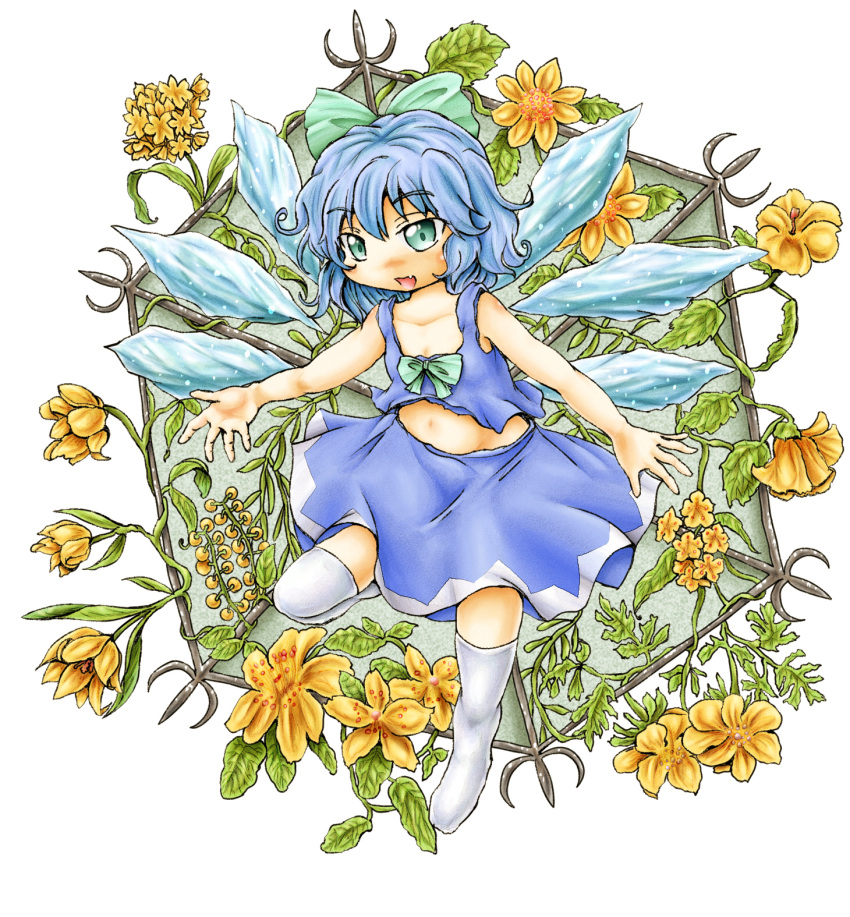 1girl bare_arms blue_eyes blue_hair cirno eyebrows fang flower folded_leg hair_ribbon hexagon highres leaf looking_at_viewer midriff navel no_shoes open_mouth over-kneehighs ribbon short_hair skirt skirt_set solo thigh-highs touhou trellis vines white_background white_legwear wings ys_(ytoskyoku-57)