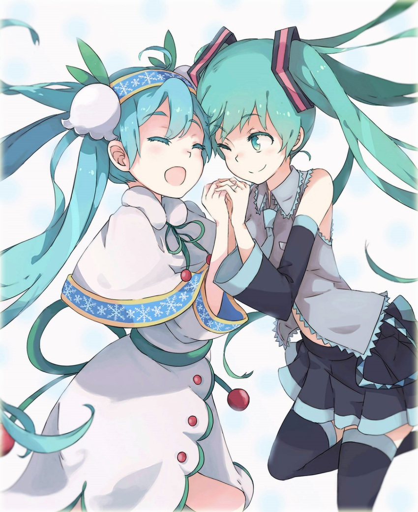 2girls aqua_eyes aqua_hair capelet closed_eyes dual_persona face-to-face hair_ribbon hairband hatsune_miku highres interlocked_fingers leg_up long_hair multiple_girls one_eye_closed ribbon skirt smile tomato_(lsj44867) twintails vocaloid winter_clothes