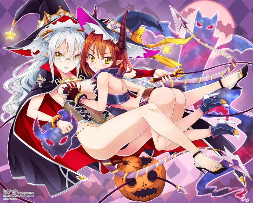 2girls argyle argyle_background artist_name ass bat bat_wings blush boots breast_grab breasts brown_hair cape covered_navel demon_horns full_body glasses halloween hat high_heels holding horns long_hair multiple_girls omgamilla original parted_lips pointy_ears pumpkin rimless_glasses silhouette silver_hair star tail tsurime watermark web_address whip wings witch_hat yellow_eyes