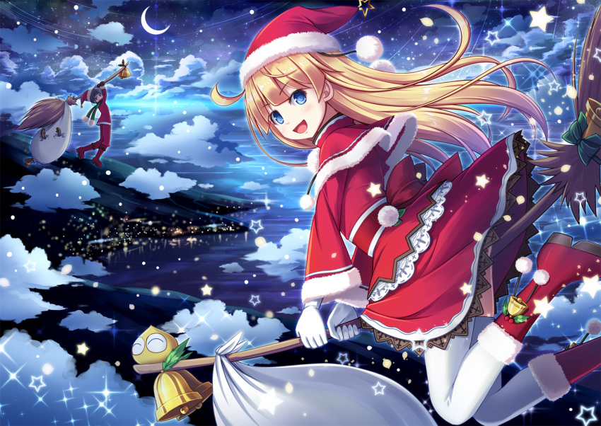 1boy 1girl :d akashio_(loli_ace) bell blonde_hair blue_eyes broom character_request gloves hat long_hair looking_at_viewer open_mouth puyo_(puyopuyo) puyopuyo riding santa_costume santa_hat scarf smile thigh-highs white_gloves witch_(puyopuyo)