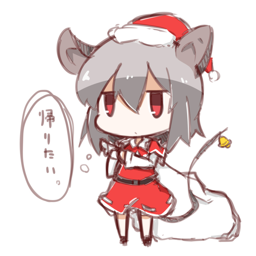 1girl animal_ears chibi hat highres looking_at_viewer mouse_ears mouse_tail nazrin nuu_(nu-nyu) red_eyes santa_costume santa_hat short_hair silver_hair simple_background sketch solo tail touhou translation_request white_background