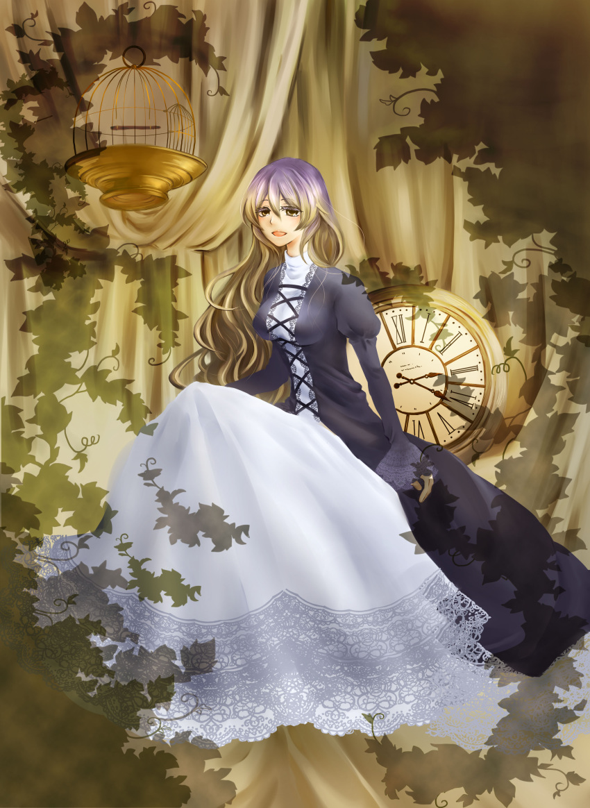 1girl absurdres birdcage breasts brown_eyes brown_hair cage clock dress gradient_hair highres hijiri_byakuren laces layered_dress leaf long_hair moppu multicolored_hair purple_hair shadow touhou