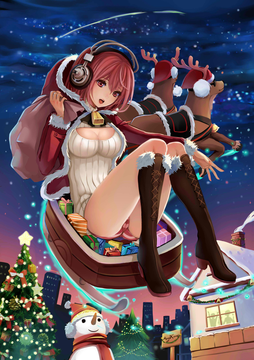 1girl absurdres antlers bell blush box breasts christmas cleavage cleavage_cutout deer earmuffs gift gift_box gyakushuu_no_hoshiumi hat headphones highres hood large_breasts long_hair looking_at_viewer nitroplus no_pants open-chest_sweater open_mouth panties pink_eyes pink_hair reindeer ribbed_sweater santa_hat smile solo striped striped_panties sunglasses super_sonico sweater turtleneck underwear