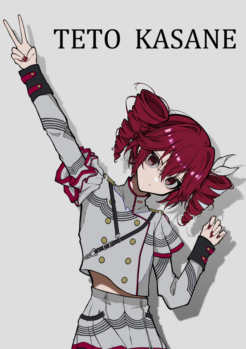 1girl absurdres ahoge aihara_akari_(anatoliatomo) bow buttons character_name commentary_request dot_nose double-breasted drill_hair grey_jacket grey_skirt hair_between_eyes hand_up highres jacket kasane_teto long_sleeves looking_at_viewer midriff_peek musical_staff nail_polish pleated_skirt red_eyes red_hair red_nails red_trim shadow shoulder_belt shoulder_boards skirt solo twin_drills utau v white_bow